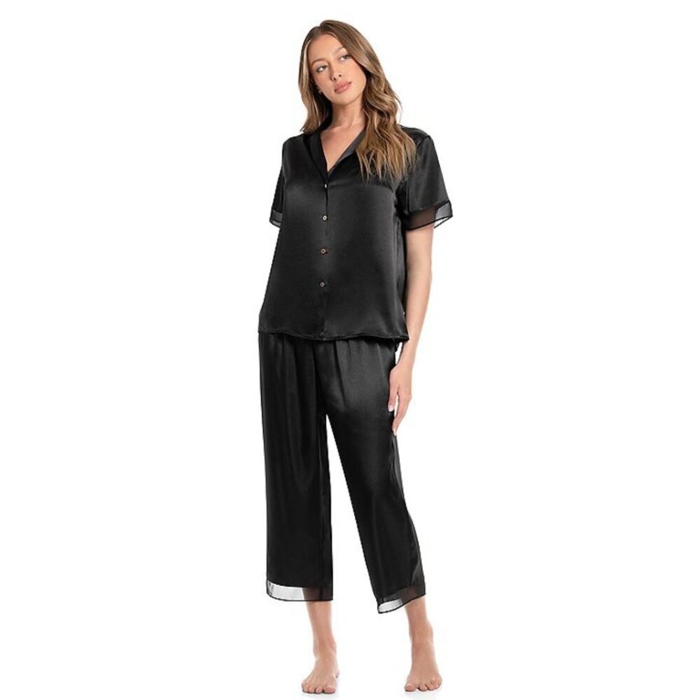 Lilac + London Black Satin Pajama Set Size XXL Button Front Lounge Set